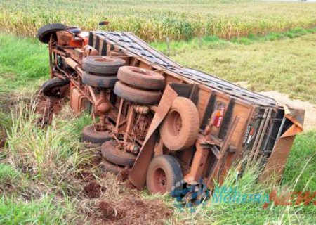 Caminhão carregado de soja saí da pista e tomba na MS 286, em Aral Moreira