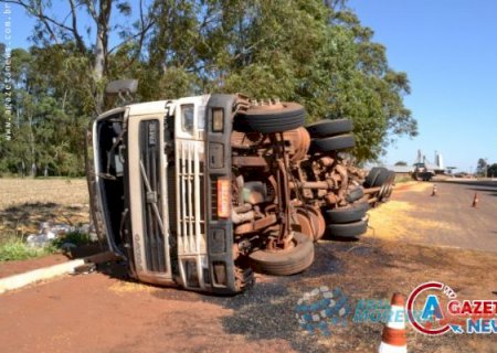 Carreta carregada com 30 toneladas de milho tomba em Aral Moreira